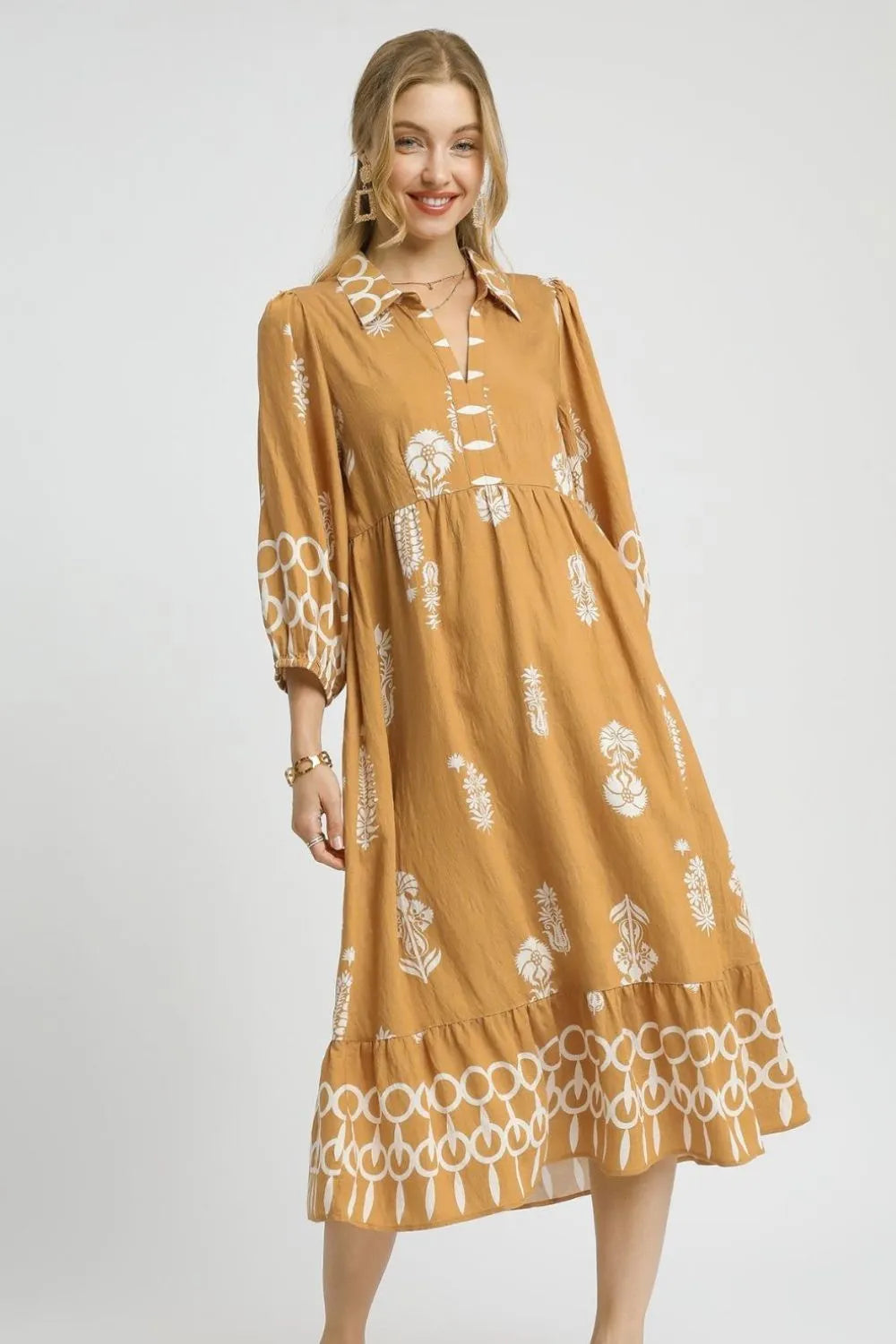 Umgee Ruffled Hem Printed Johnny Collar Midi Dress THE LUCKY COWGIRL Umgee Ruffled Hem Printed Johnny Collar Midi Dress THE LUCKY COWGIRL