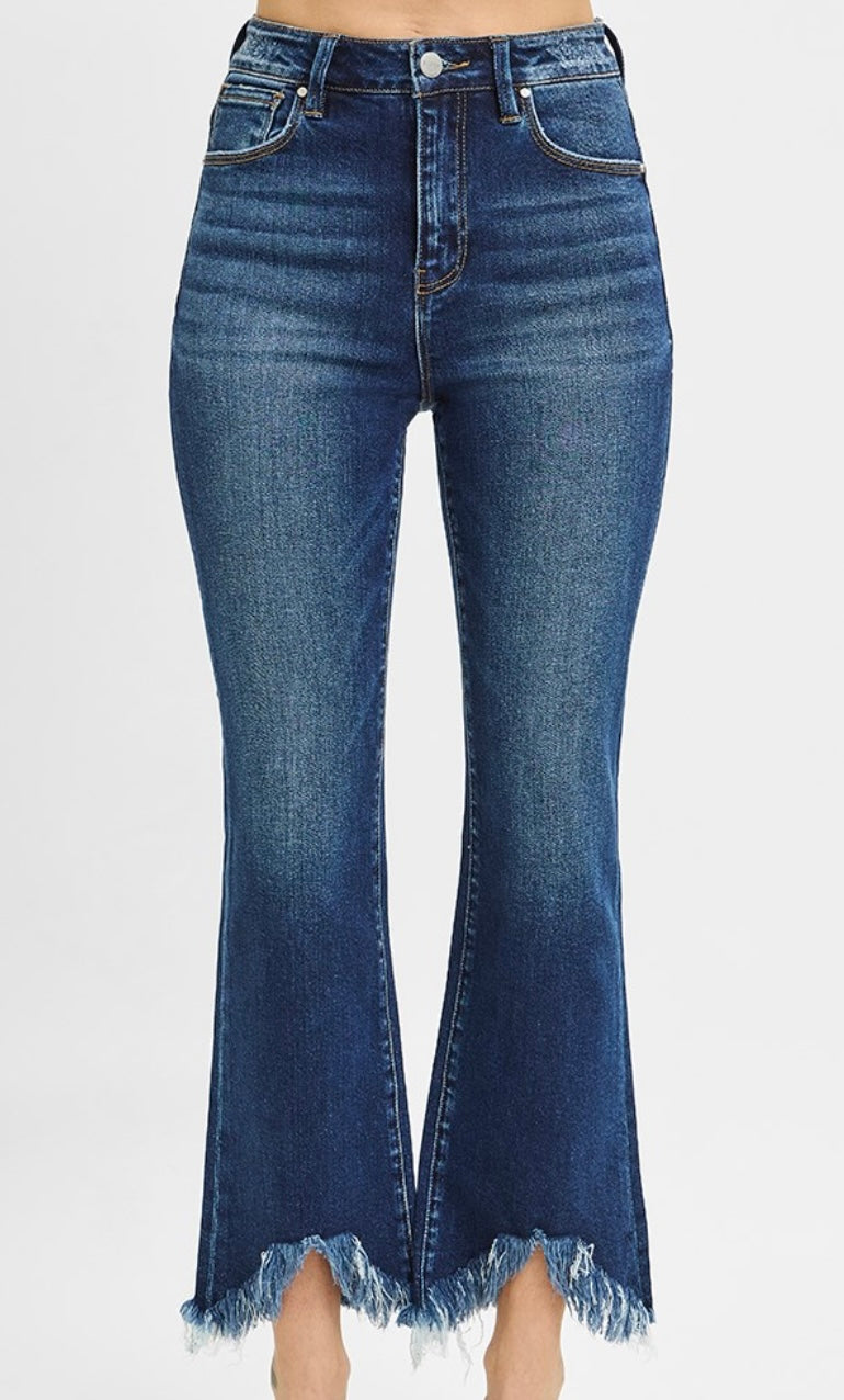 HIGH RISE CROP BOOTCUT FRAY HEM JEANS