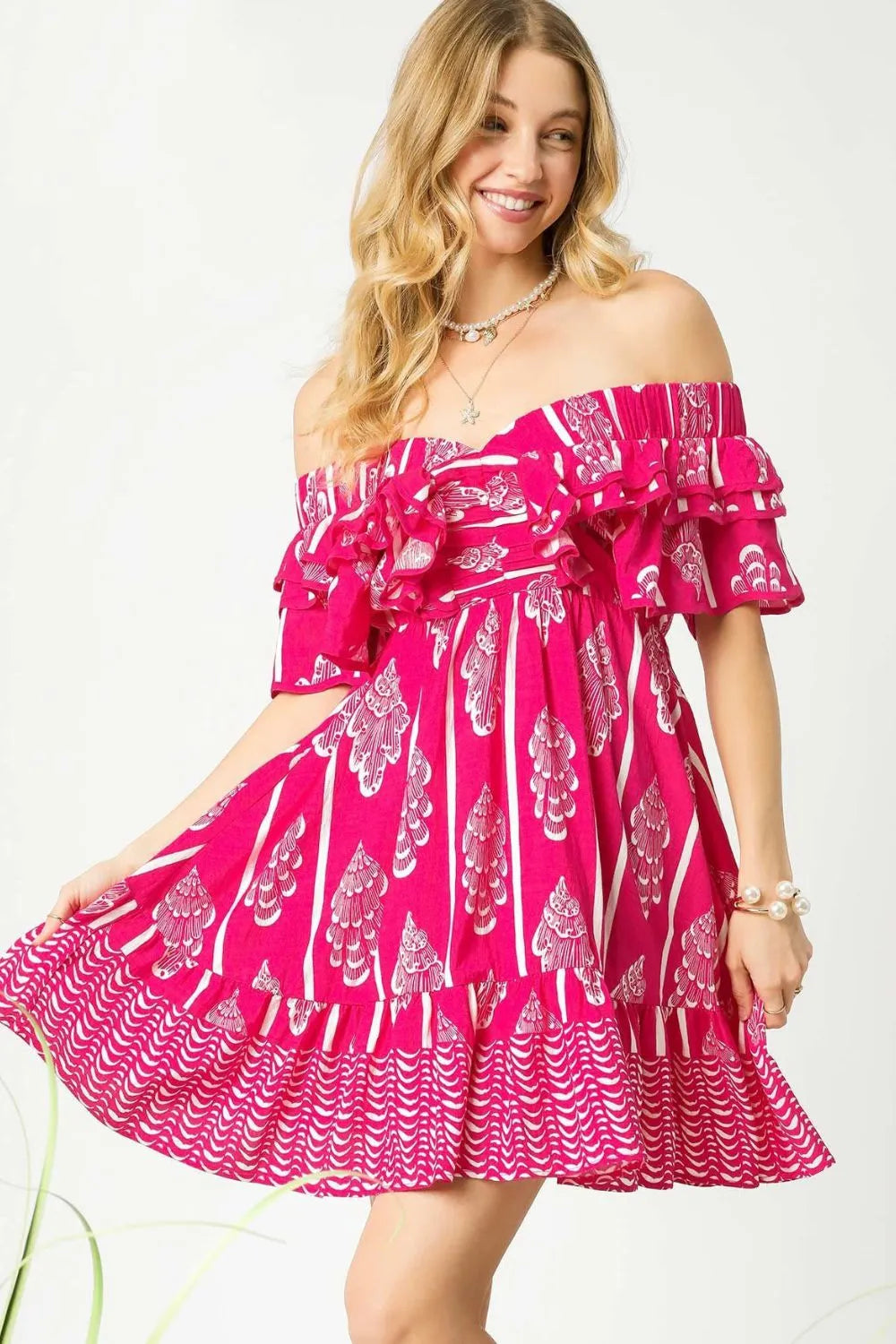 umgee off the shoulder dress Umgee Tiered Crinkle Smocked Neck Off Shoulder Dress Womens M