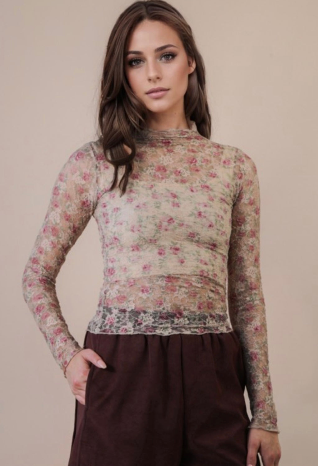LACE MESH TOP BEIGE FLORAL