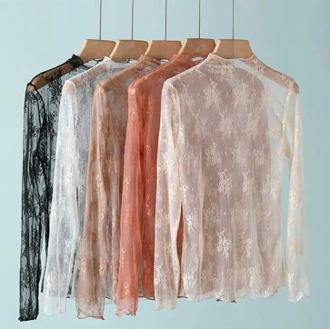 Lace Sheer Mesh Top Beige