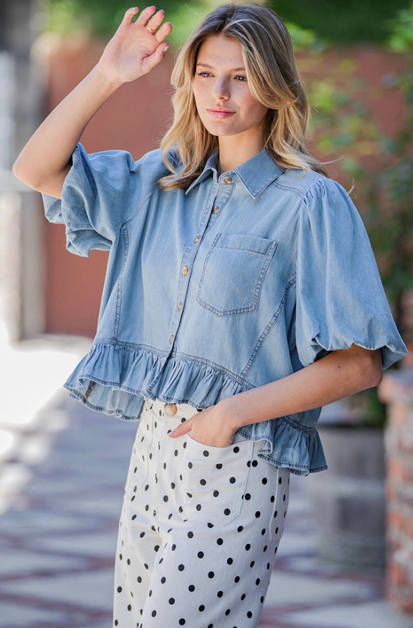 CHAMBRAY CHARM PEPLUM TOP