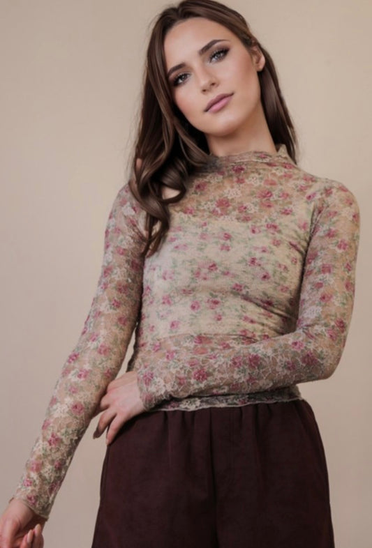 LACE MESH TOP BEIGE FLORAL
