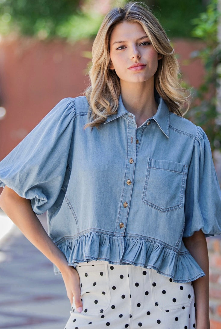 CHAMBRAY CHARM PEPLUM TOP