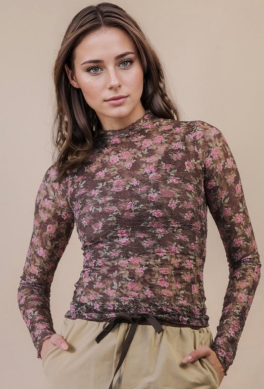 LACE MESH TOP CHOCOLATE FLORAL