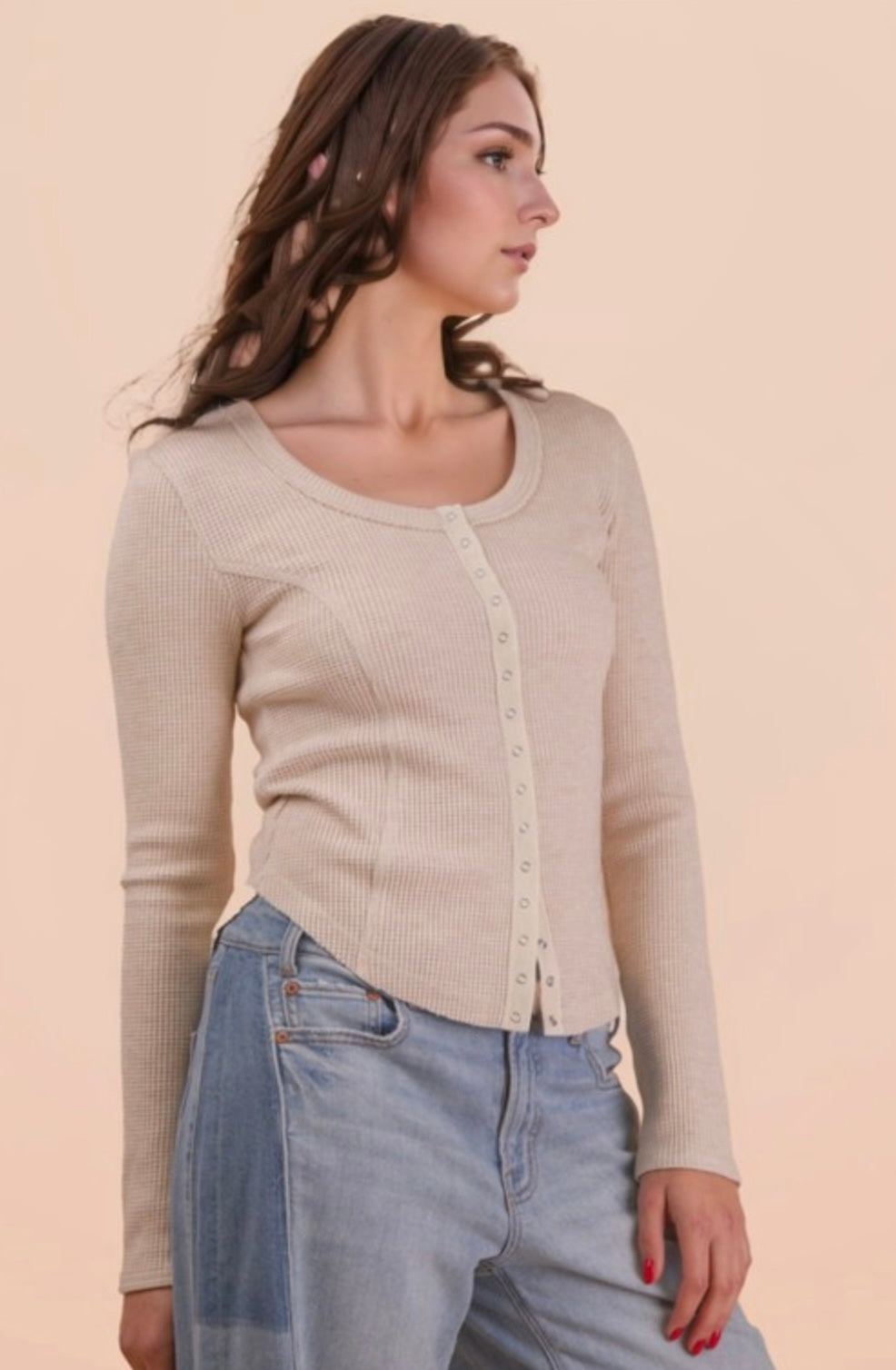 Buttoned Bliss Waffle Top (Oatmeal & Mocha)