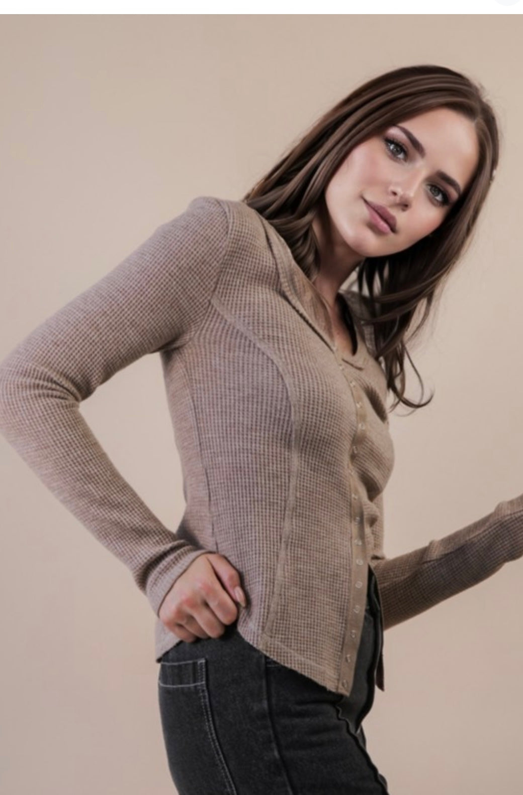 Buttoned Bliss Waffle Top (Oatmeal & Mocha)