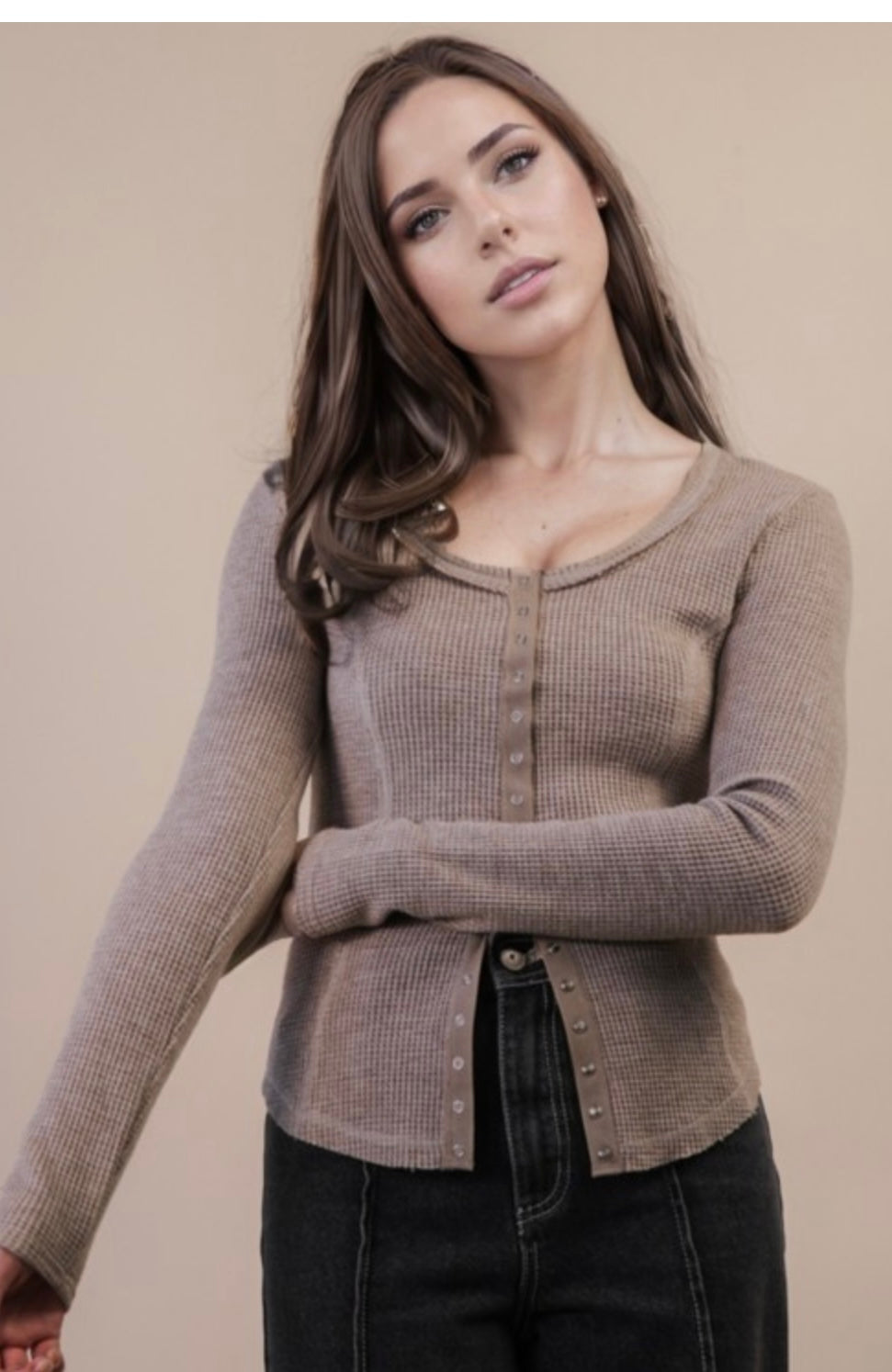 Buttoned Bliss Waffle Top (Oatmeal & Mocha)