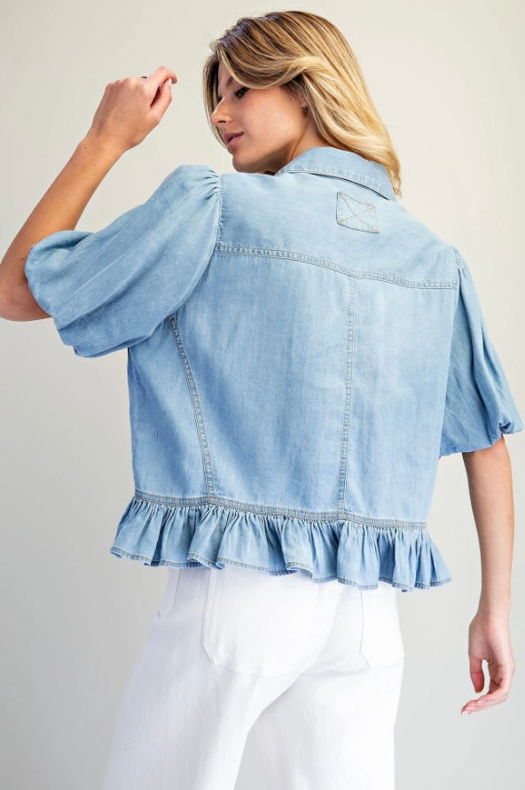CHAMBRAY CHARM PEPLUM TOP