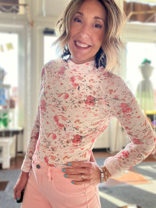 PINK FLORAL MESH TOP