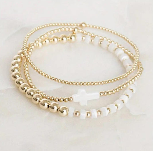 PEARL & GOLD CROSS BRACELET SET