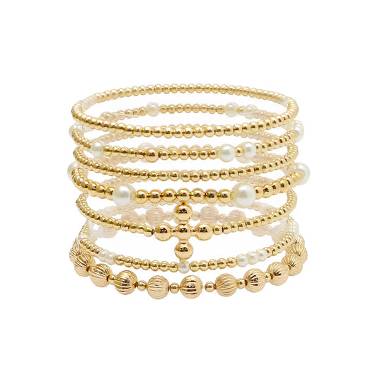 Set of 7 Gold Multi Beaded and Pearl Beaded Stretch Bracelets