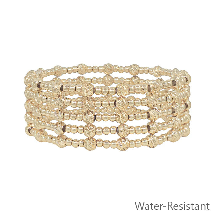 Water Resistant Gold 3mm Beaded Set of 5 Stretch Bracelets with Gold Accent Bead