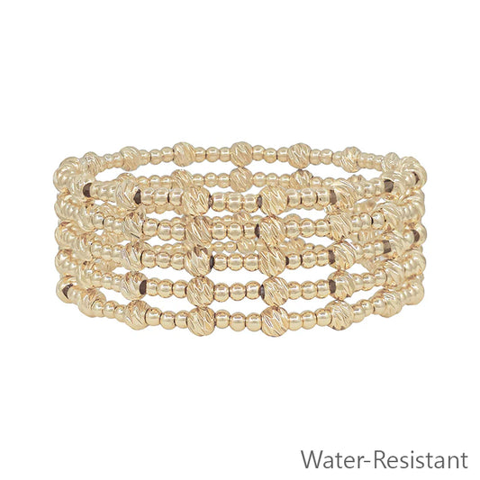 Water Resistant Gold 3mm Beaded Set of 5 Stretch Bracelets with Gold Accent Bead