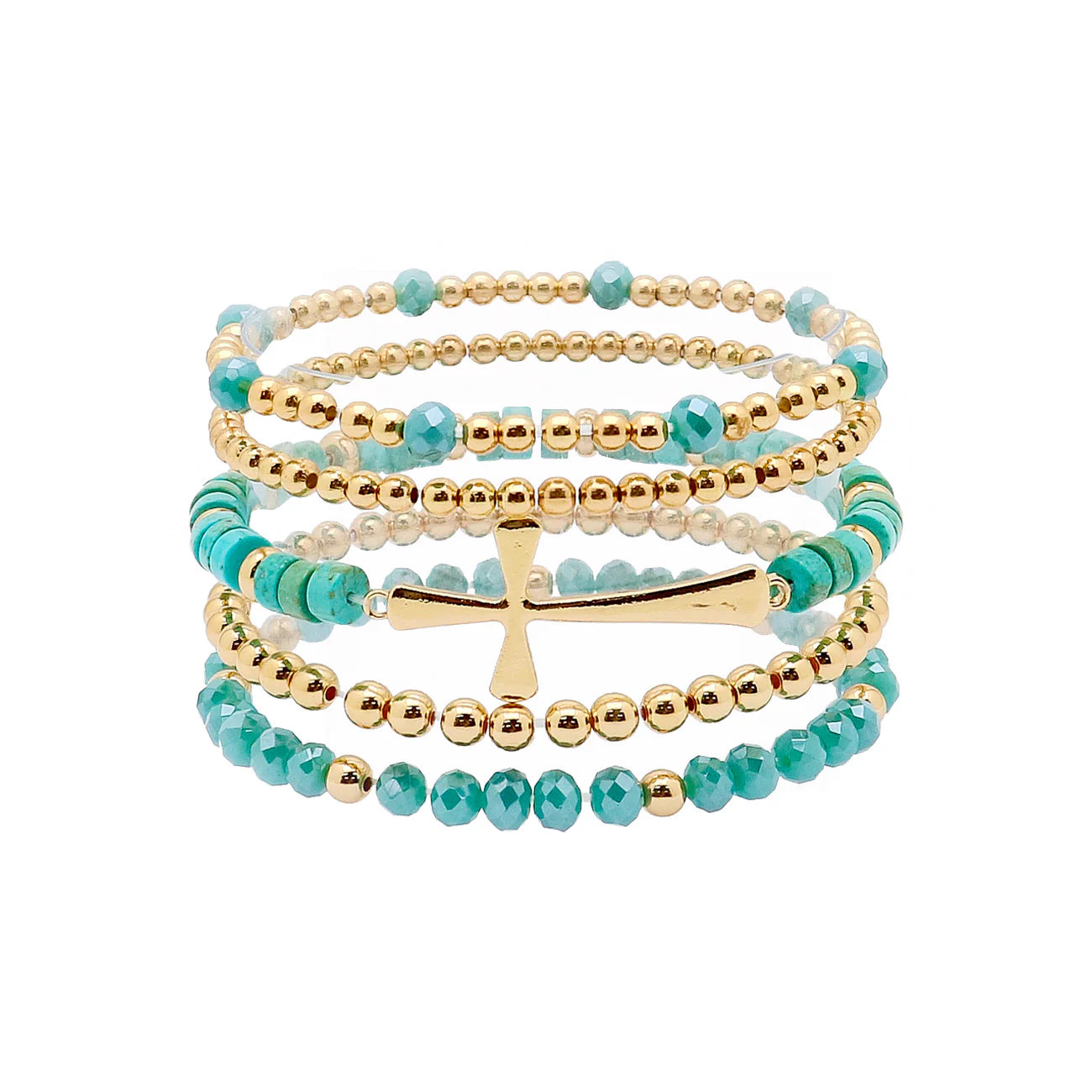 Set of 5 Gold, Turquoise Crystal, and Gold Cross Stretch Bracelet Set