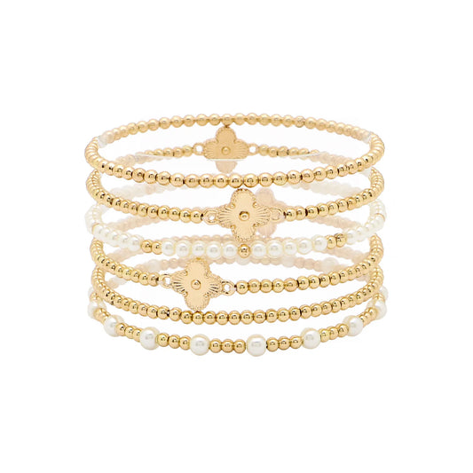 Set of 6 Gold and Pearl with Gold Clovers Stretch Bracelet Set