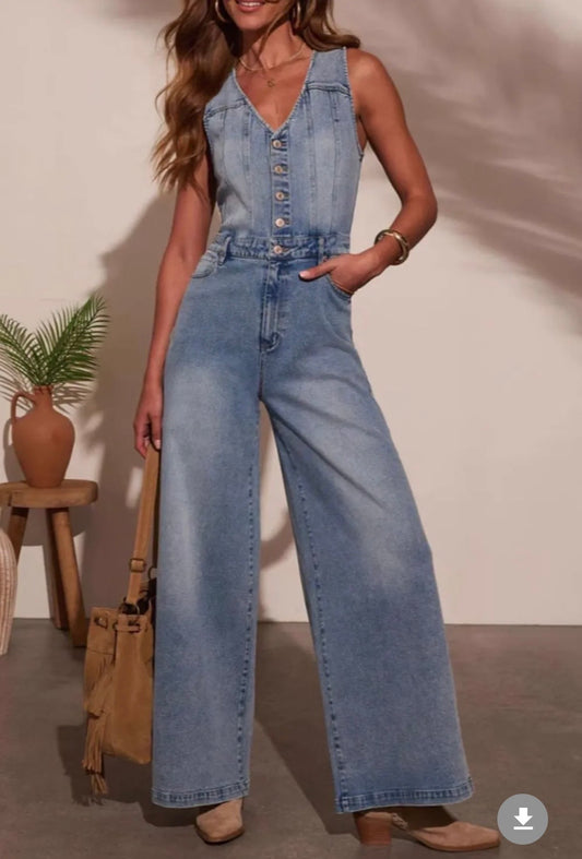 V-NECK WIDE LEG DENIM JUMPER
