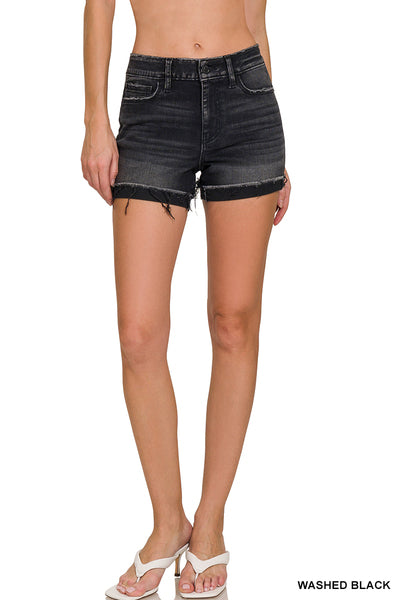 ZENANA WASHED BLACK CUFFED RAW HEM DENIM SHORTS