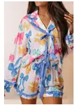 Bow Print Tied Ruffled Long Sleeve Top and Shorts Pajama Set